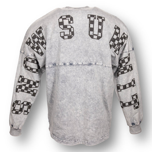 Backside of an oversized mineral wash crew neck long sleeve t-shirt with Snow Summit in black checker letters on the back, from arm sleeve to arm sleeve.