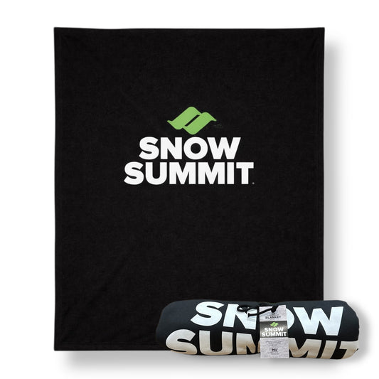 Black sweatshirt blanket with Snow Summit logo in white and green.