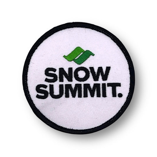 White patch with a snow summit logo stiched on it