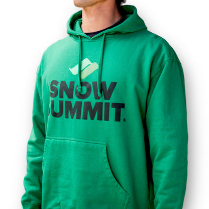 Green Snow Summit hoodie with black snow summit logo on front