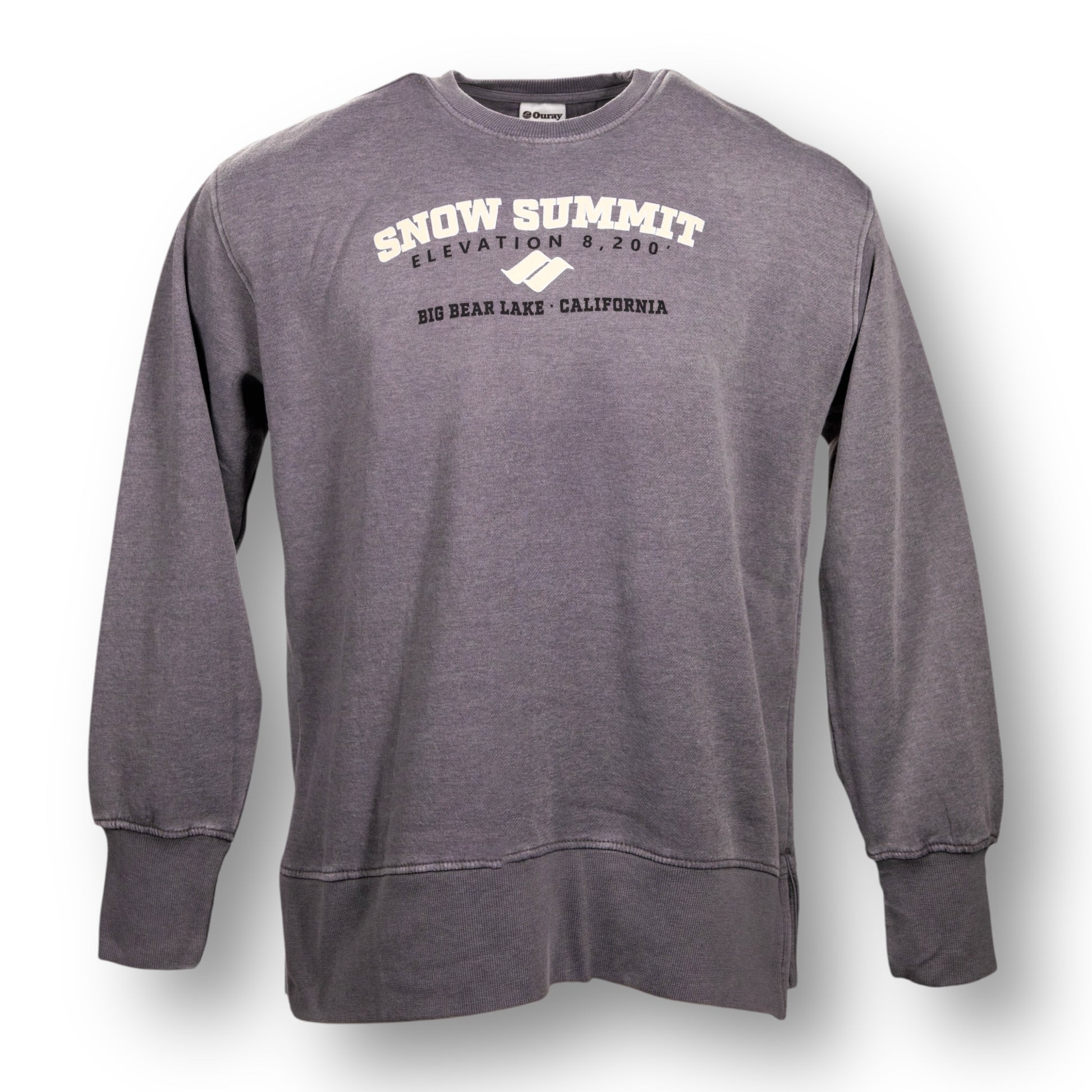 A grey color crewneck sweatshirt with Snow Summit logo, the elevation, and Big Bear Lake, California on the chest.