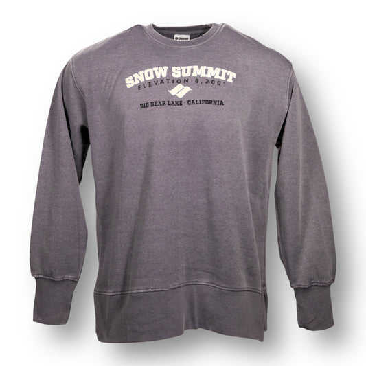 A grey color crewneck sweatshirt with Snow Summit logo, the elevation, and Big Bear Lake, California on the chest.