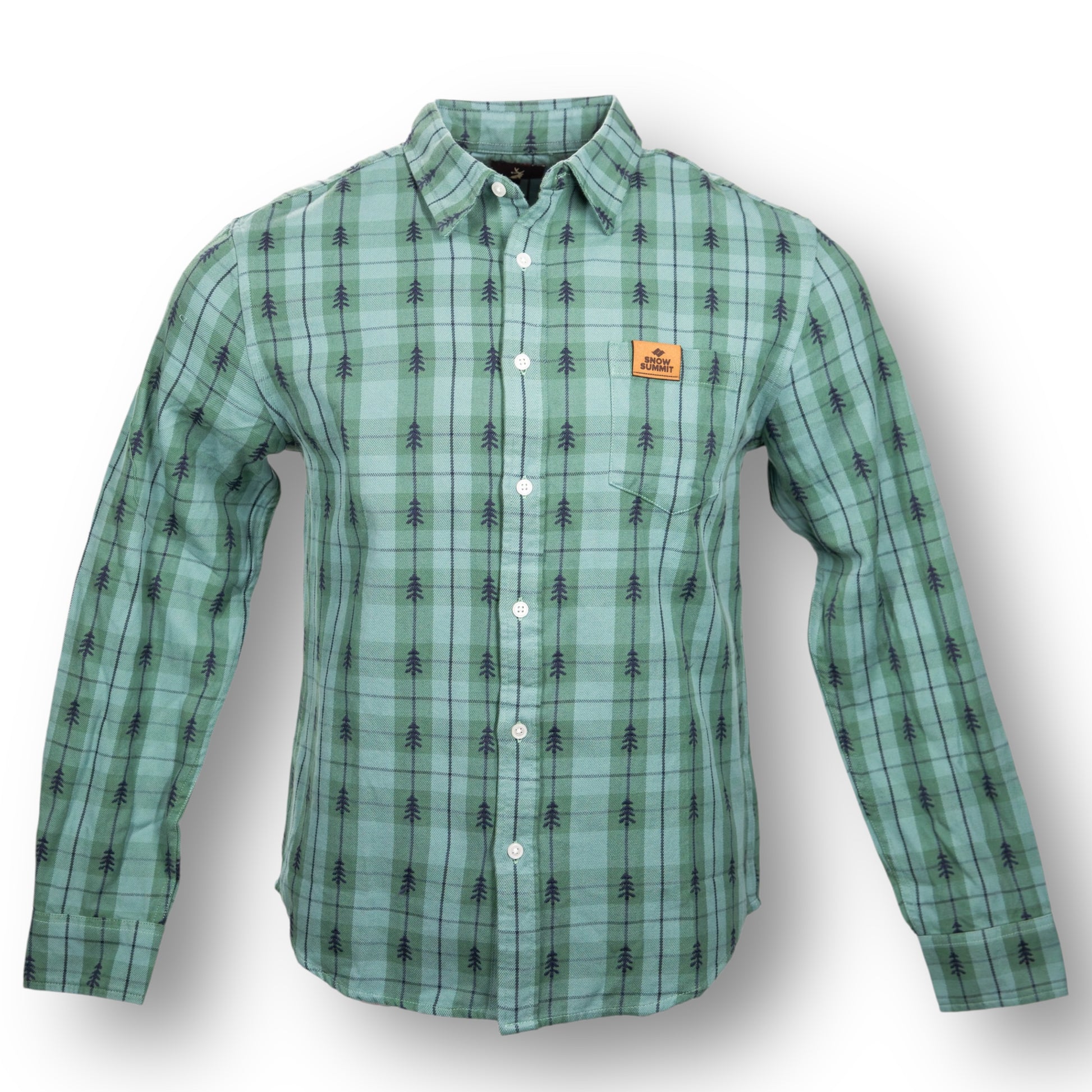 A safe green flannel long sleeve button up shirt with tree design and a leather Snow Summit patch on the chest pocket.