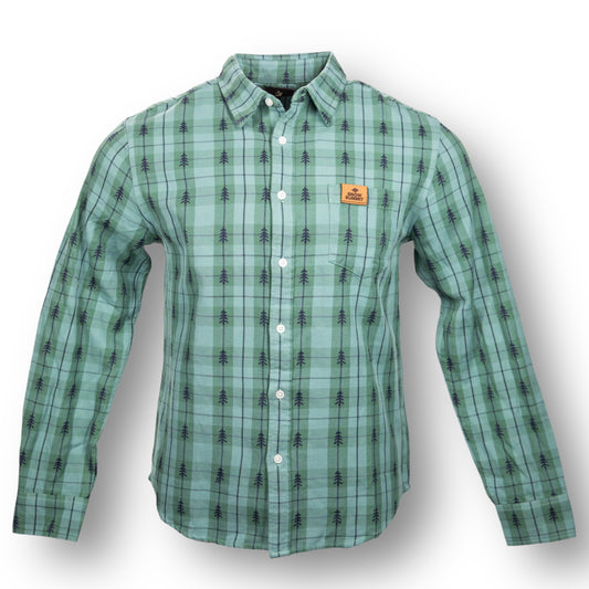 A safe green flannel long sleeve button up shirt with tree design and a leather Snow Summit patch on the chest pocket.
