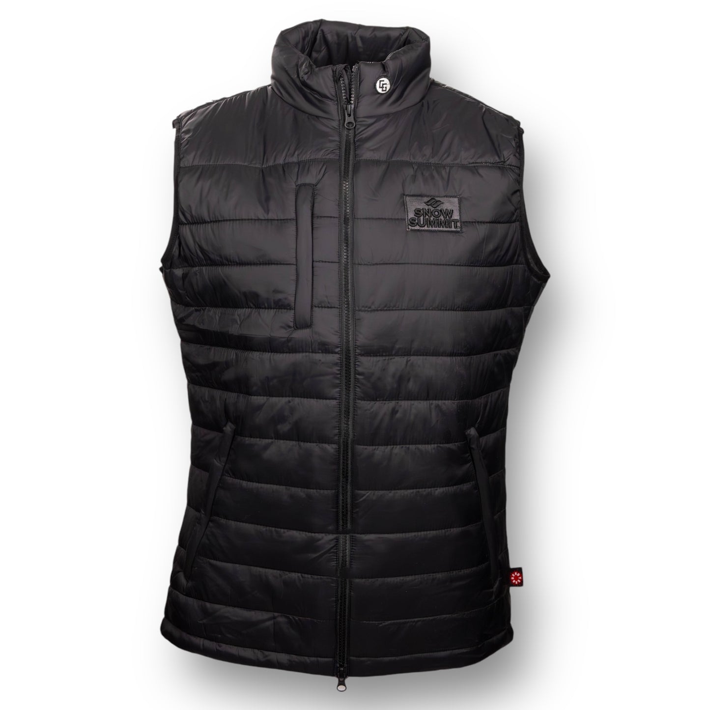 Black puffer vest with a Snow Summit brand logo on the chest.