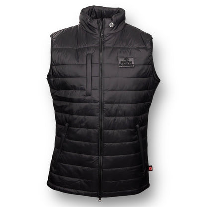 Black puffer vest with a Snow Summit brand logo on the chest.