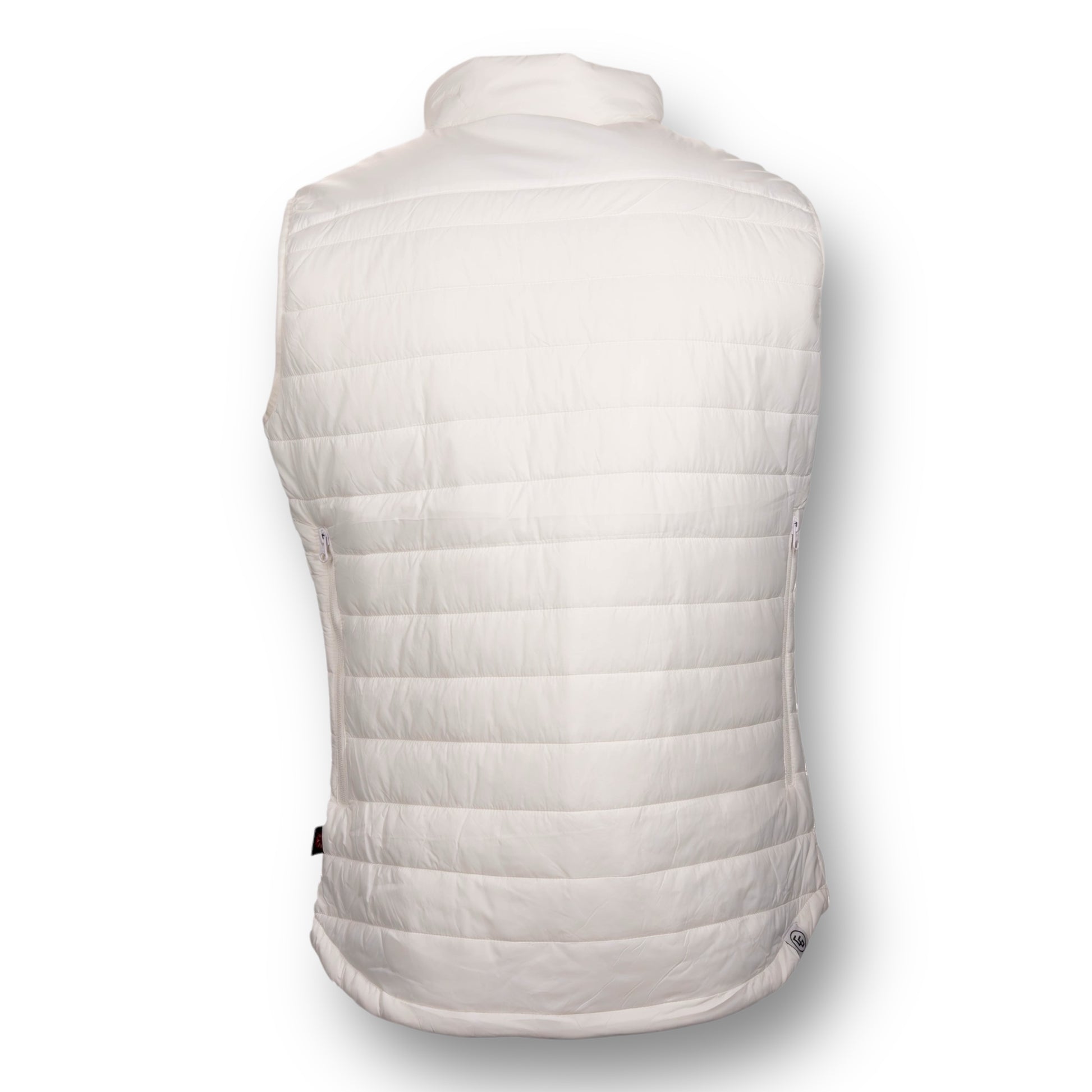 Back of a white puffer vest.