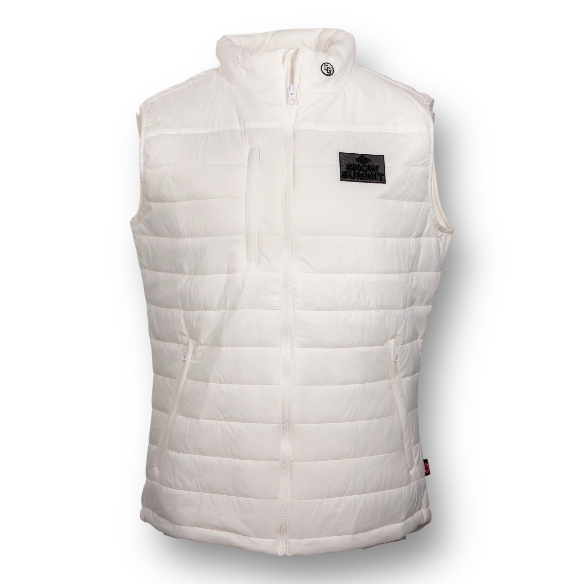 White puffer vest with a black Snow Summit brand logo on the chest.
