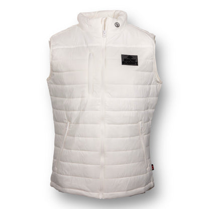 White puffer vest with a black Snow Summit brand logo on the chest.