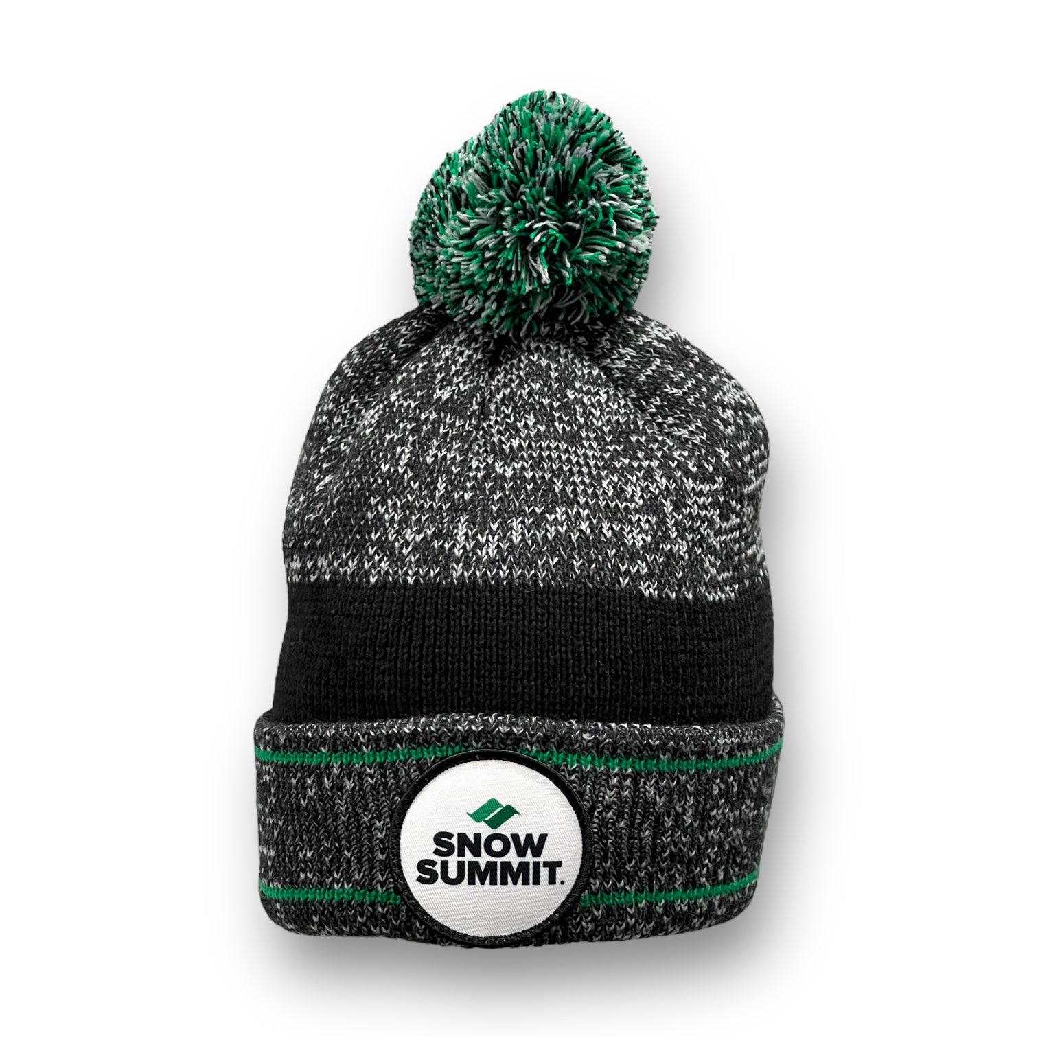 Grey beanie w/ Green accents throughout. Snow Summit Core patch located on front.