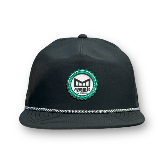 Melin x Snow Summit black snapback hat with logo and rope on brim