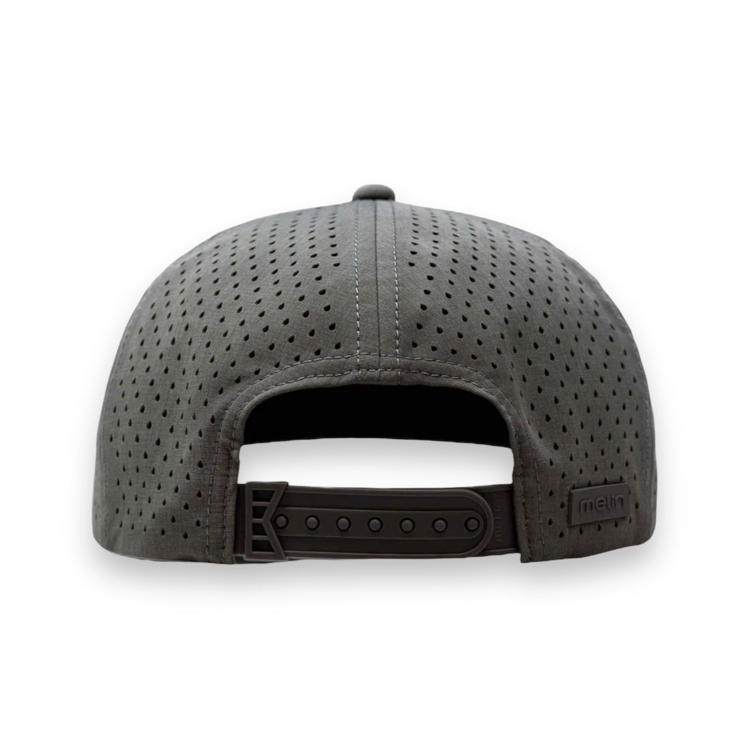Backside of a grey Melin snapback hat