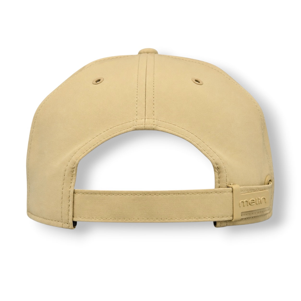 The backside of a khaki color Melin strap hat.