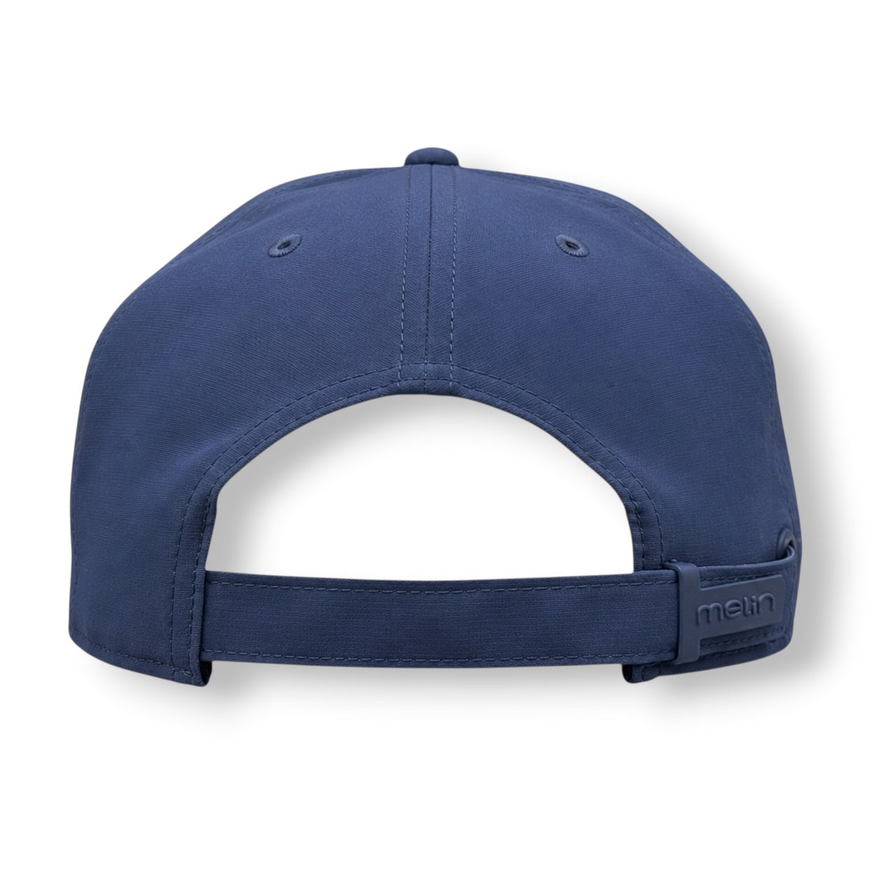 The backside of a navy color Melin strap hat.