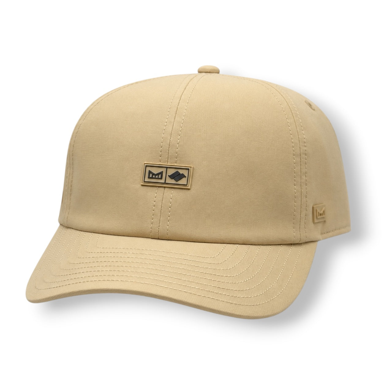 The frontside of a khaki color Melin strap hat with Snow Summit logo on front.