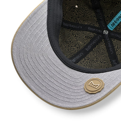 Close-up of a gray cap with black interior and Melin brand logo.