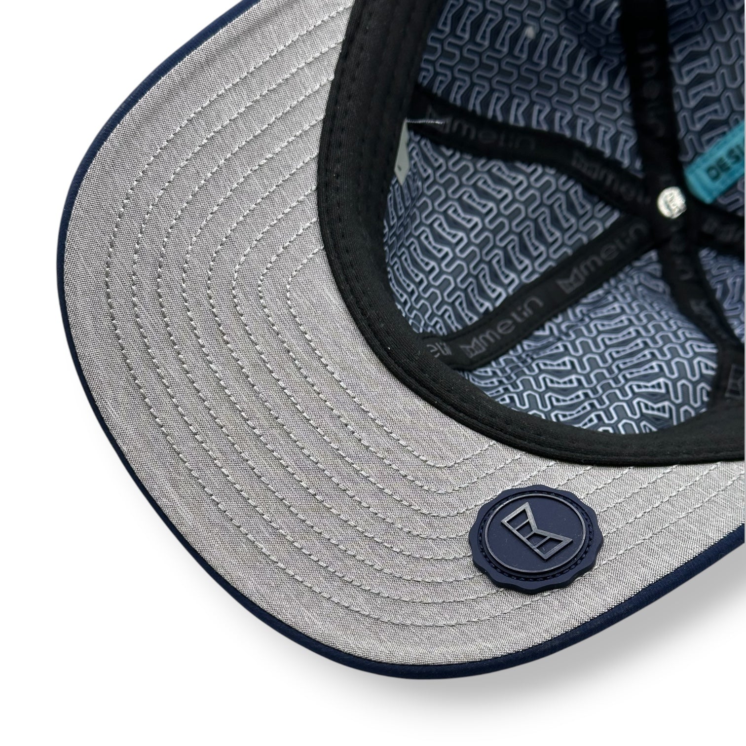 Close-up of a gray under bill of a navy cap with Melin brand logo.