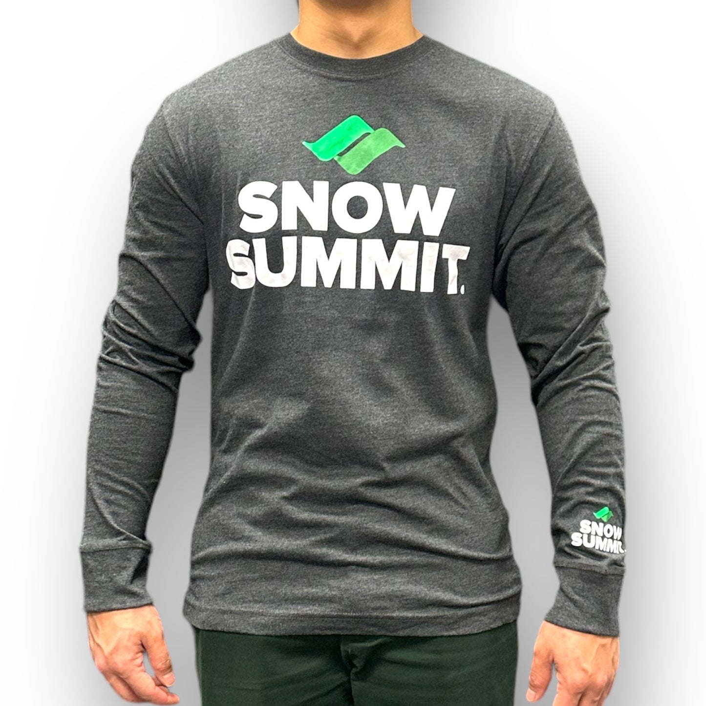 Snow Summit Heather Black Long Sleeve-T with Big Snow Summit Logo on the front and small logo on the left sleeve