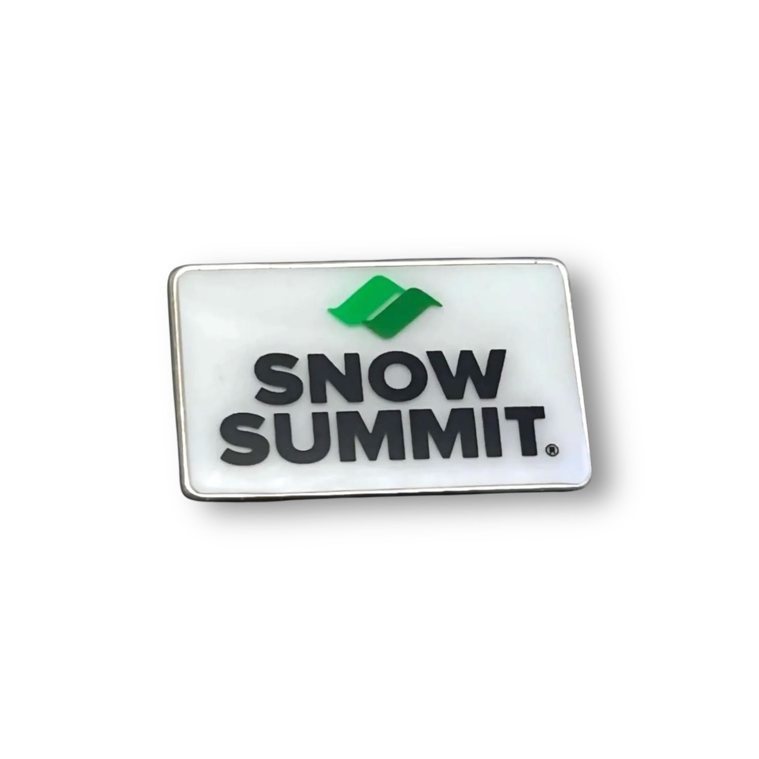 Green snow summit logo on a white pin
