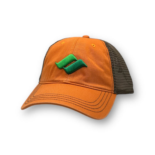 Orange hat with brown mesh back and green Snow Summit logo on the front