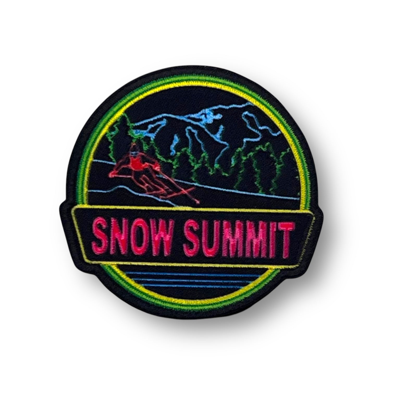 neon black and green patch with a snow summit logo on it