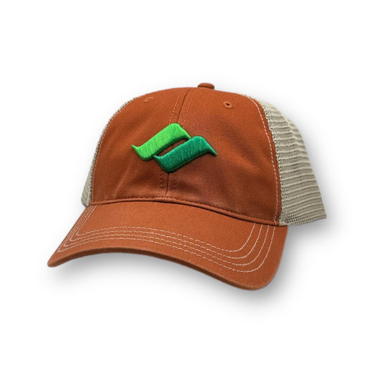 Orange hat with tan mesh back and green Snow Summit logo on the front