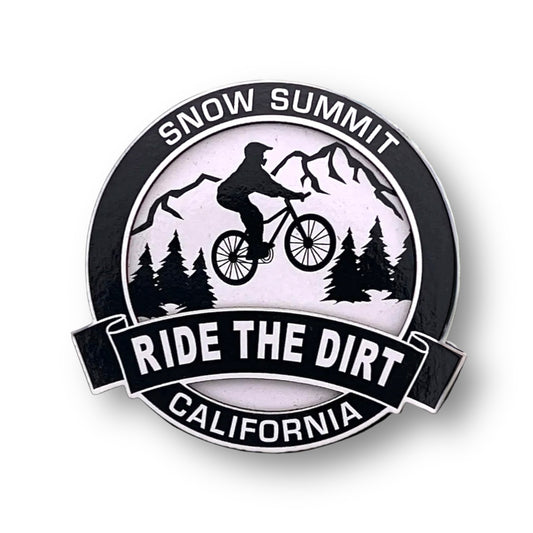 Black and white snow summit ride the dirt california magnet with a mountain biker riding on the forest