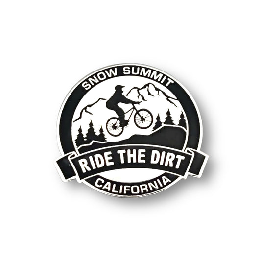 Snow Summit Ride the Dirt Pin black and white with a mountain bikers on it