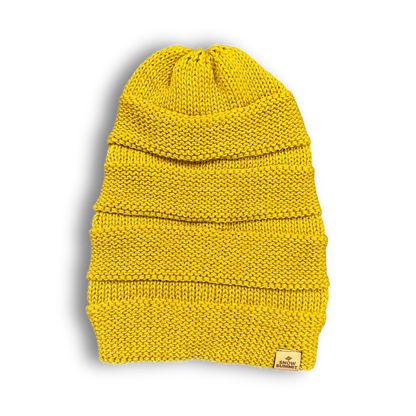 snow summit slouch beanie in rust color with logo on bottom left corner