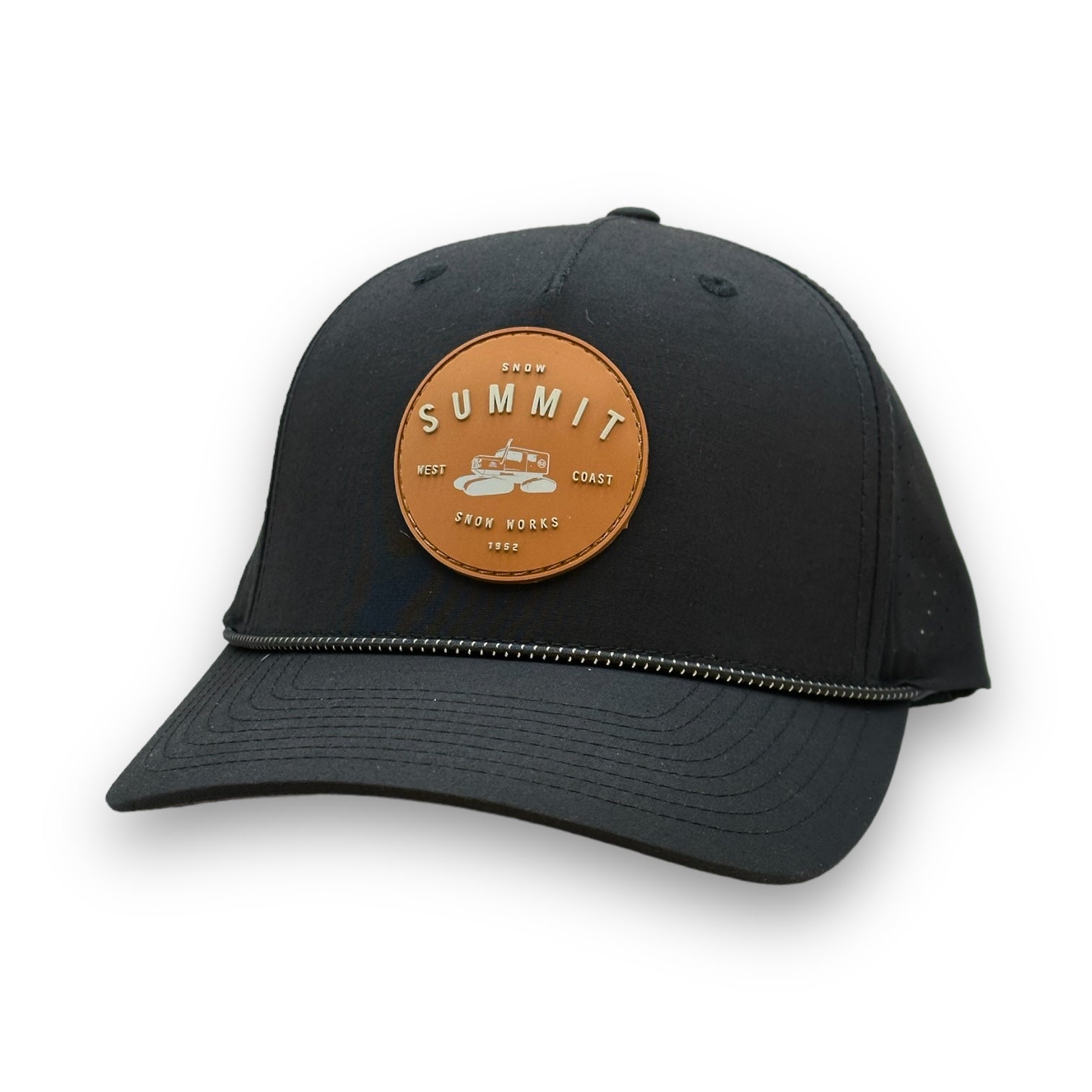 Snow Summit snow cat logo 5 panel black snapback with a curved bill 