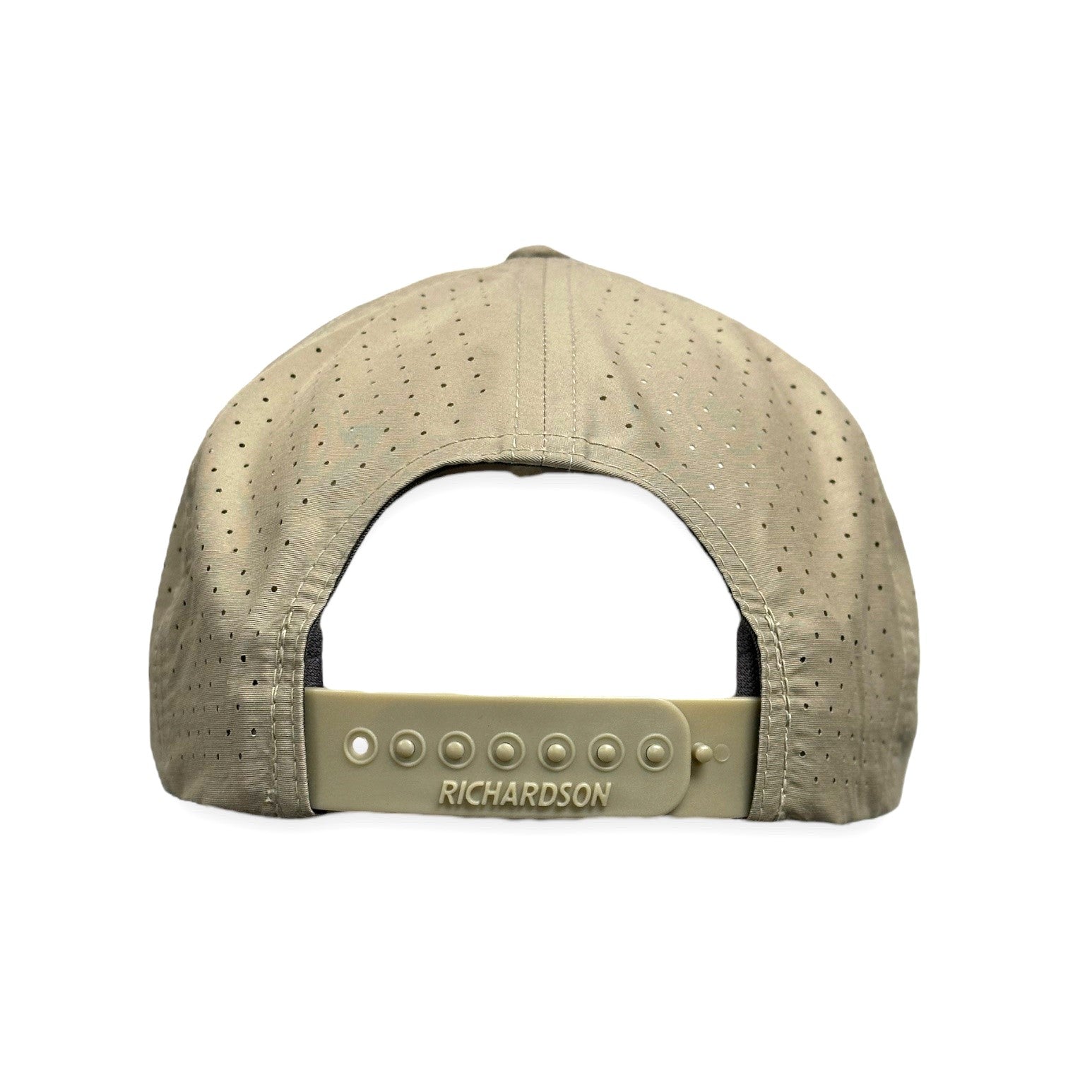 Back of khaki snapback with stay-Dri material