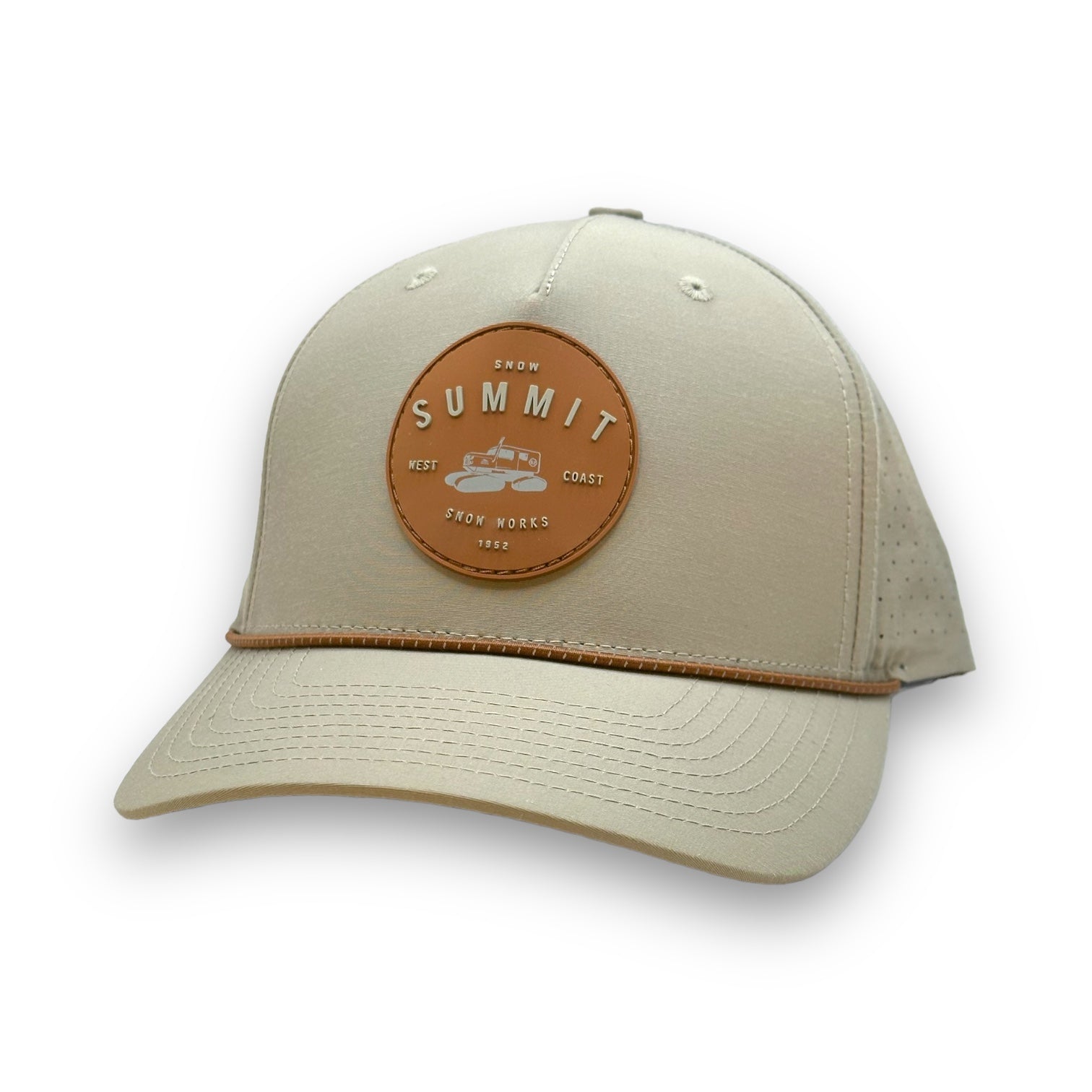 Snow Summit snow cat logo 5 panel khaki snapback with a curved bill 