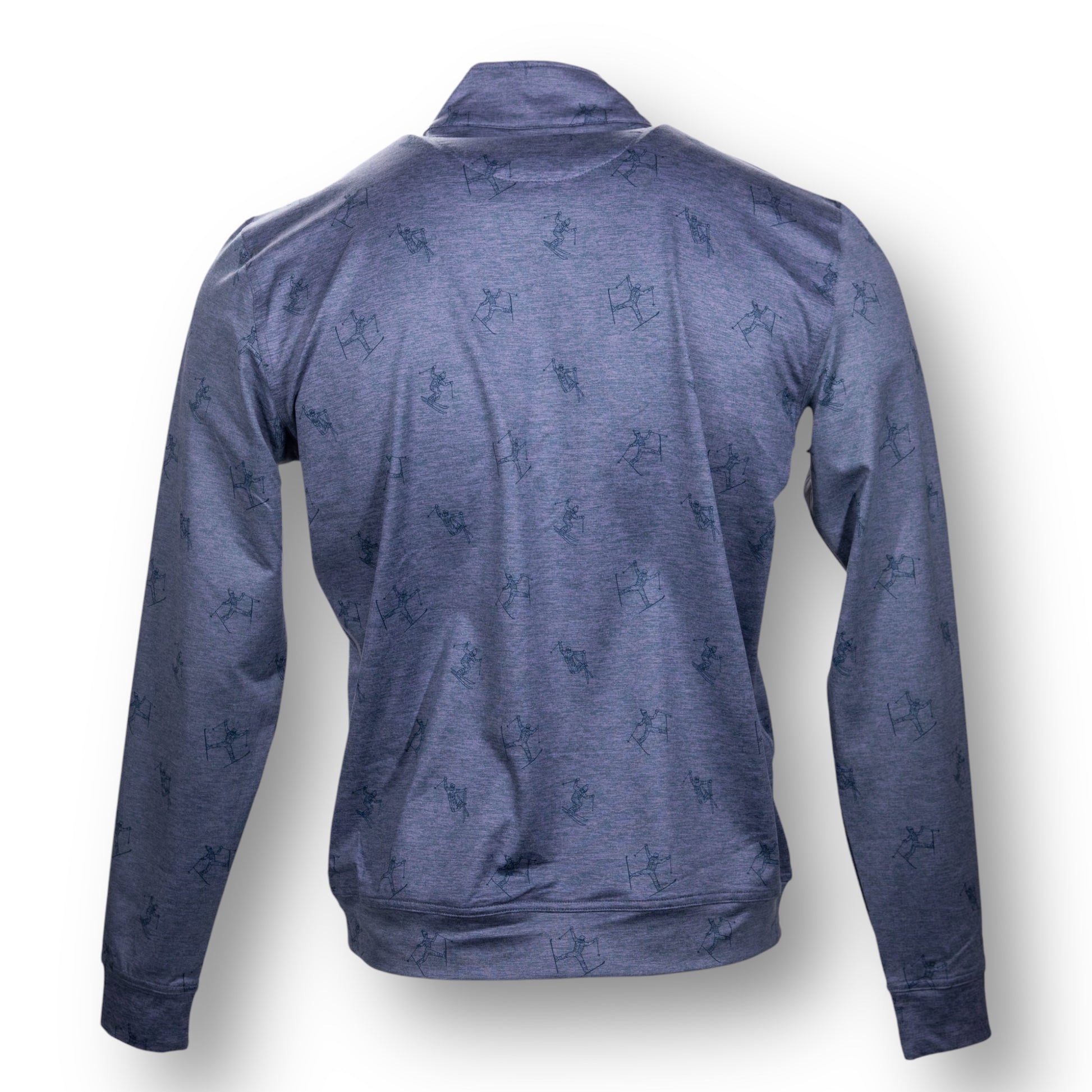 Backside of a blue long sleeve quarter zip jacket with a subtle skier pattern.