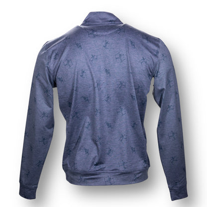 Backside of a blue long sleeve quarter zip jacket with a subtle skier pattern.