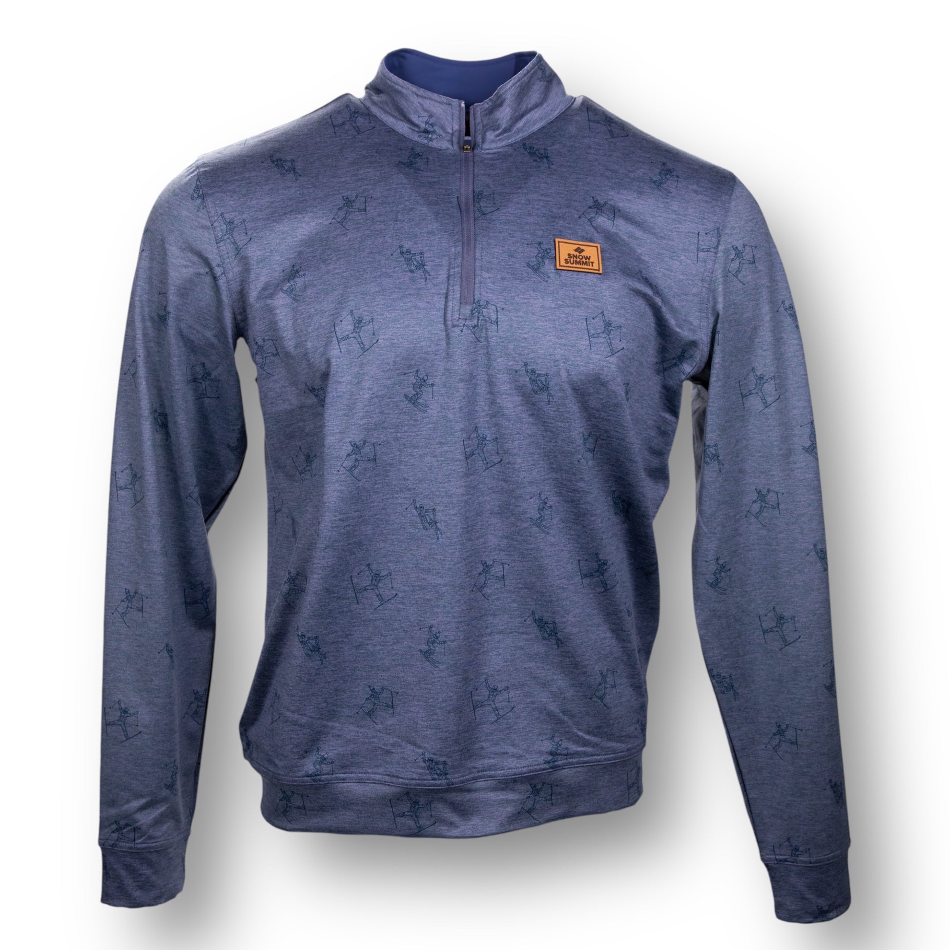 Frontside of a blue long sleeve quarter zip jacket with a subtle skier pattern and leather Snow Summit patch on chest.