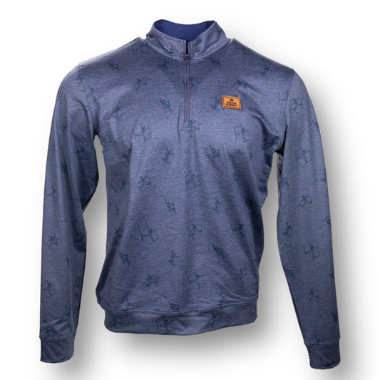 Frontside of a blue long sleeve quarter zip jacket with a subtle skier pattern and leather Snow Summit patch on chest.