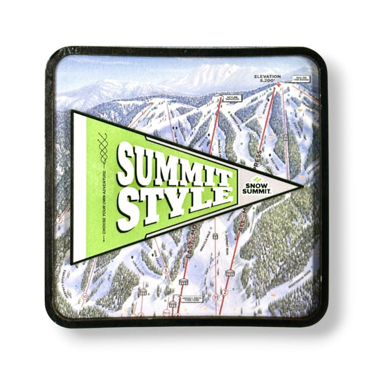 A square magnet with rounded corners featuring a ski resort map background and a bright green triangular pennant graphic that reads 'SUMMIT STYLE' with 'SNOW SUMMIT' on a white background.