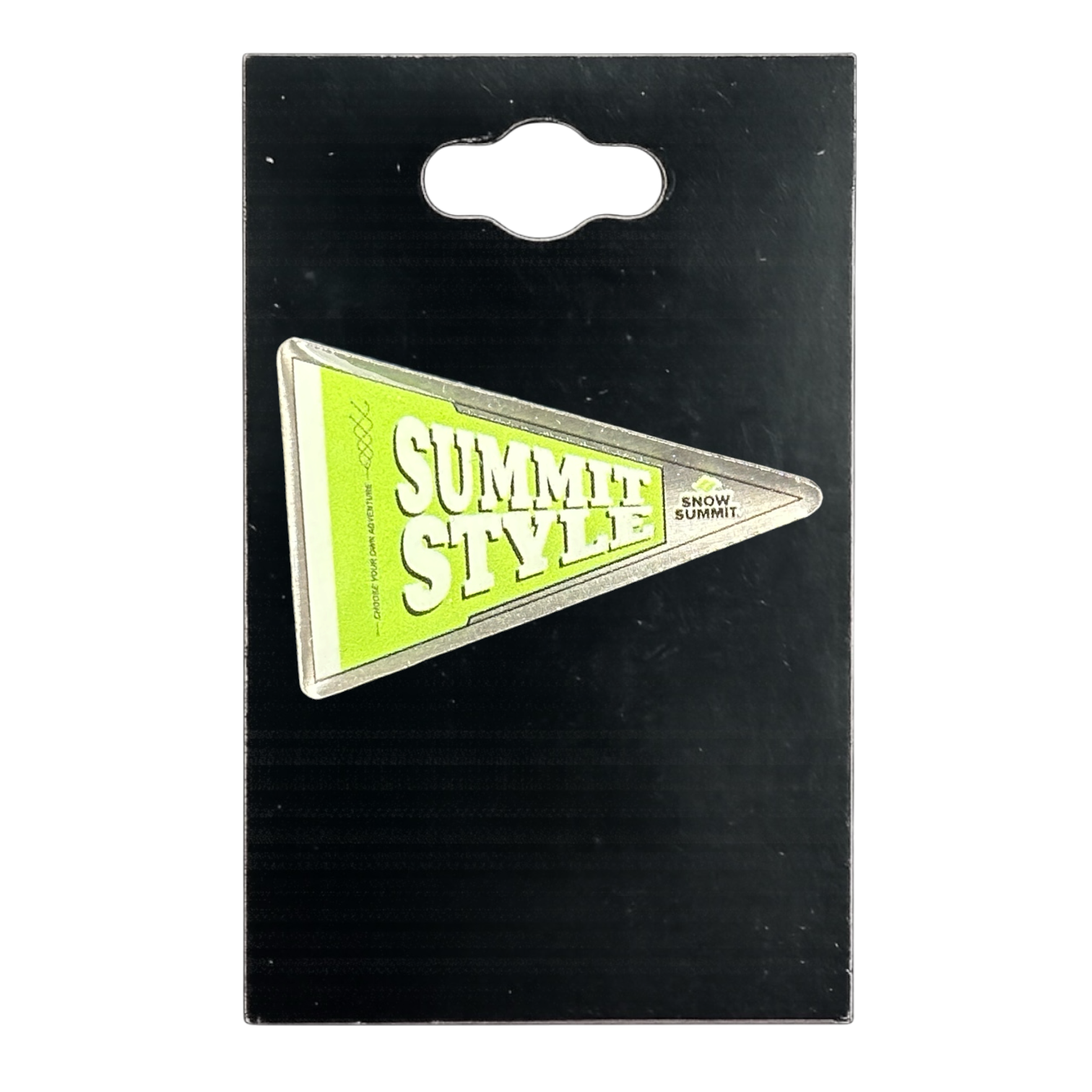A triangular pennant-style pin with the words “SUMMIT STYLE” and “SNOW SUMMIT” in white on a bright yellow-green background, attached to a black retail display card.