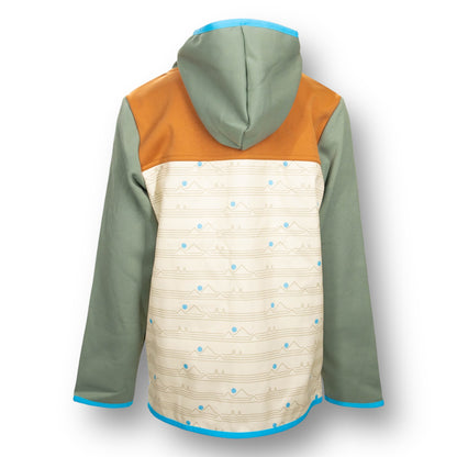 Backside of a multicolored jacket with orange, green, and beige sections with a hood.
