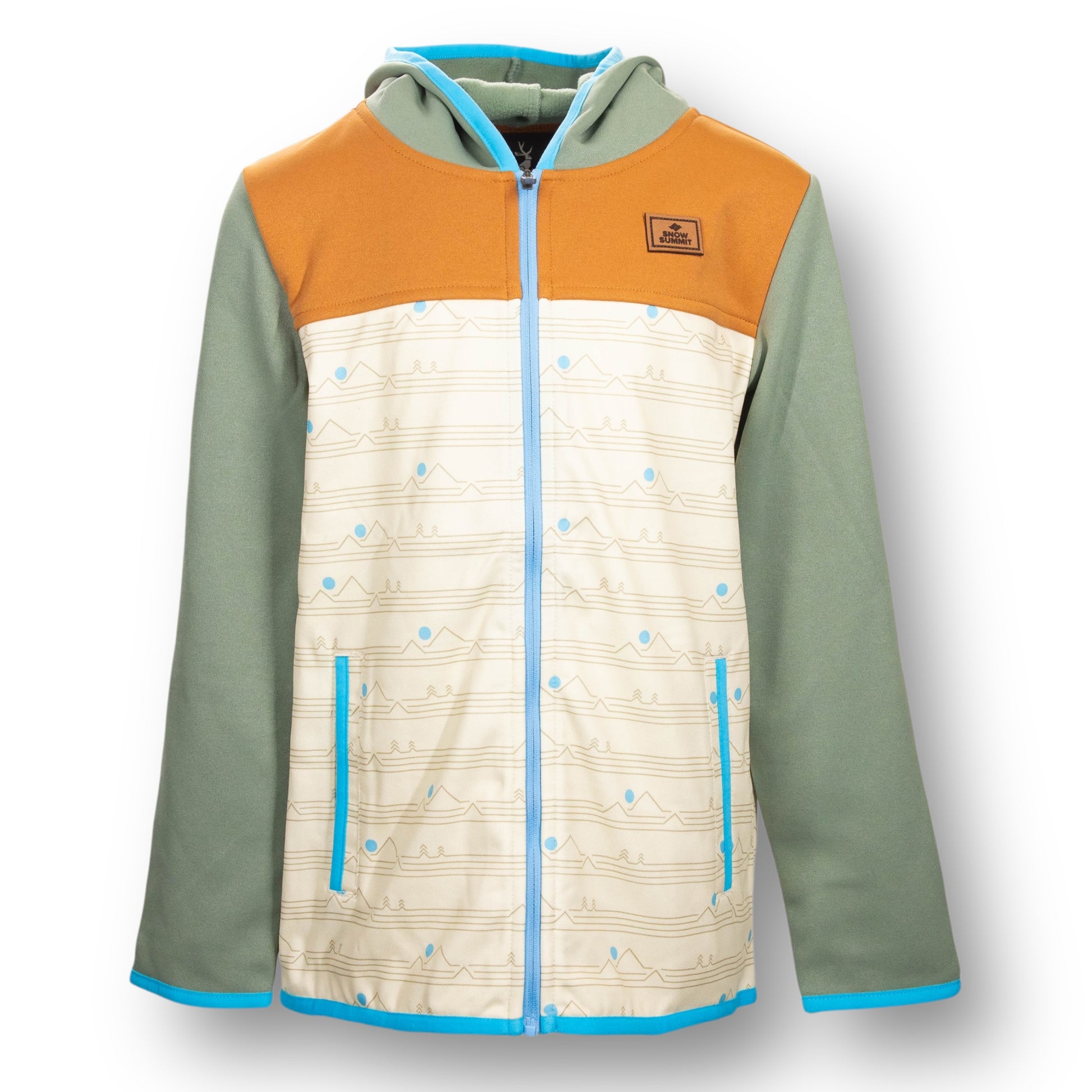 Multicolored jacket with orange, green, and beige sections with a light blue full zip zipper and a leather Snow Summit patch on chest.
