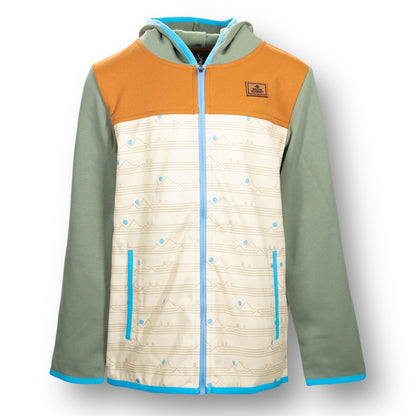 Multicolored jacket with orange, green, and beige sections with a light blue full zip zipper and a leather Snow Summit patch on chest.