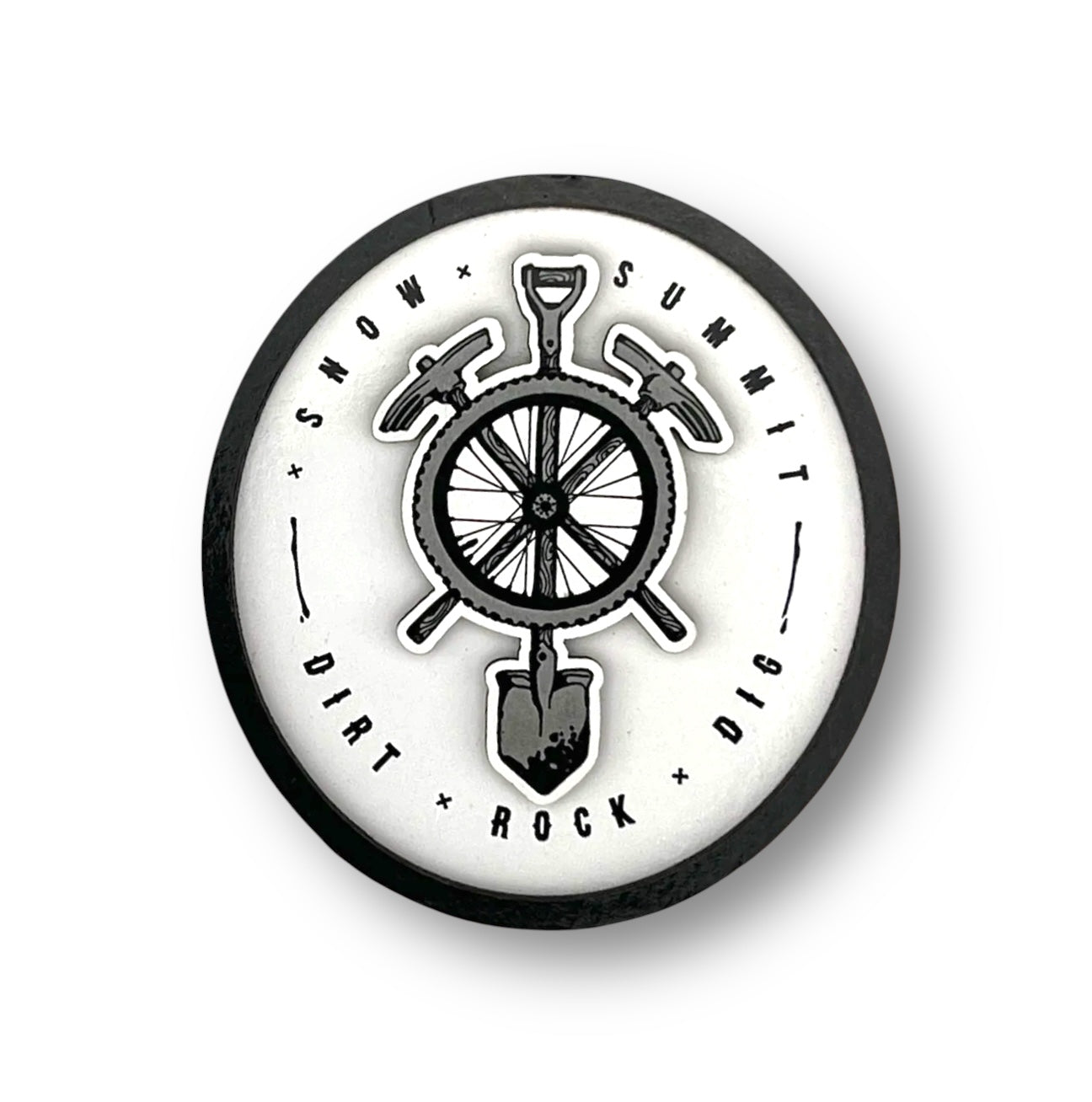 Snow summit's bike park digger logo on a magnet, black and white