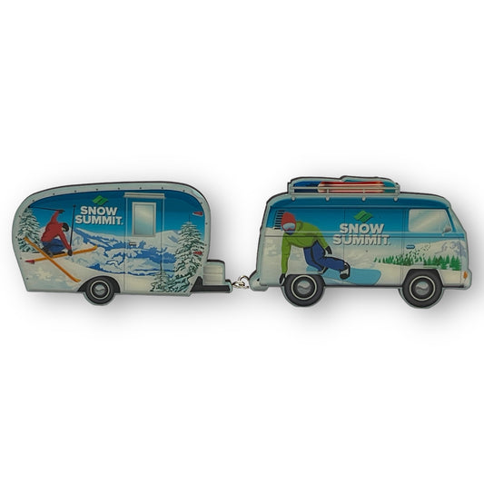 two piece magnet set with snow summit logo featuring a skier and snowboader on each magnet