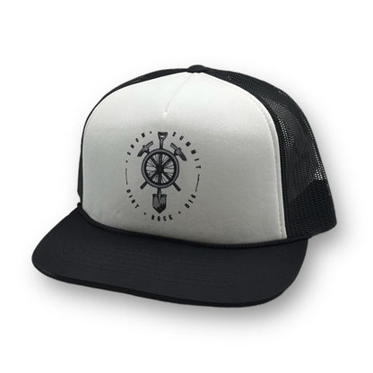White and Black Snow Summit branded trucker hat withe a shovel, picks, and bike wheel design 