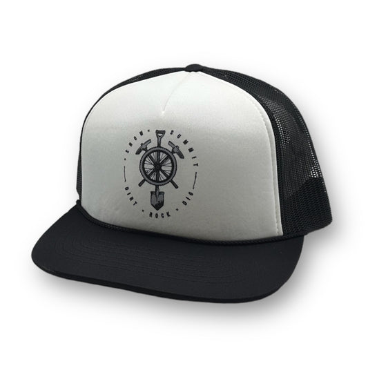 White and Black Snow Summit branded trucker hat withe a shovel, picks, and bike wheel design 