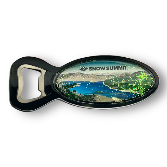 A fish shaped bottle opener with glitter and Big Bear Lake on it