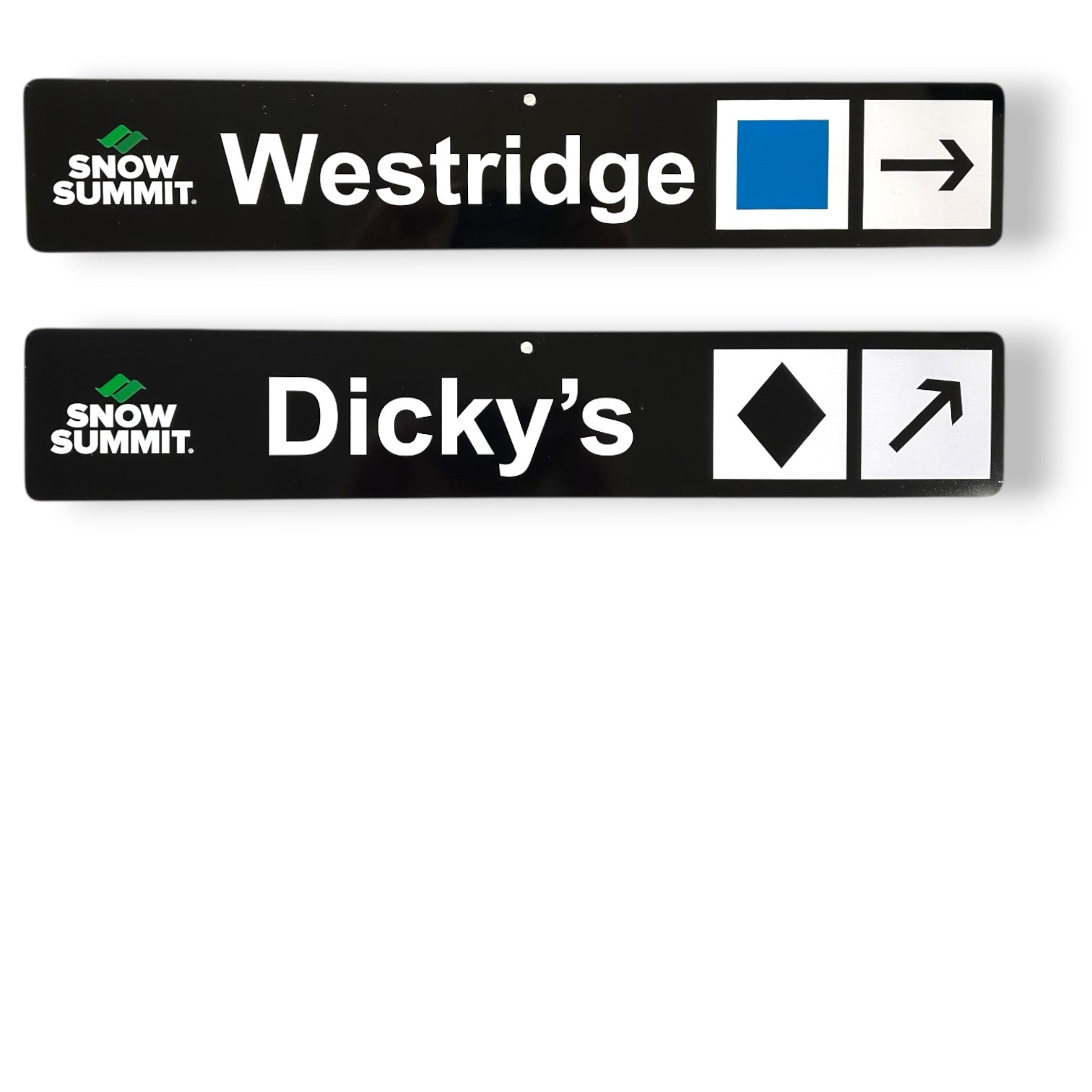 Black trail signs with Snow Summit winter runs:  Westridge, Dicky's