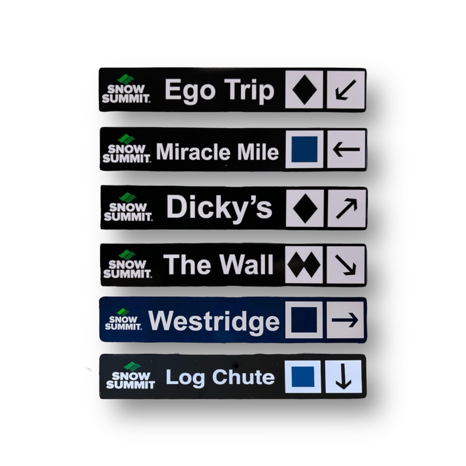 Black trail signs with Snow Summit runs: Ego Trip, Miracle Mile, Dicky's, The Wall, Westridge, and Log Chute.