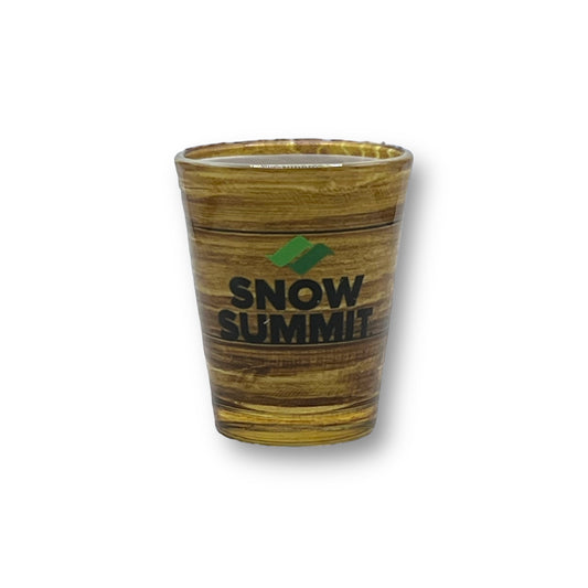 Snow Summit shot glass with wooden wrap design