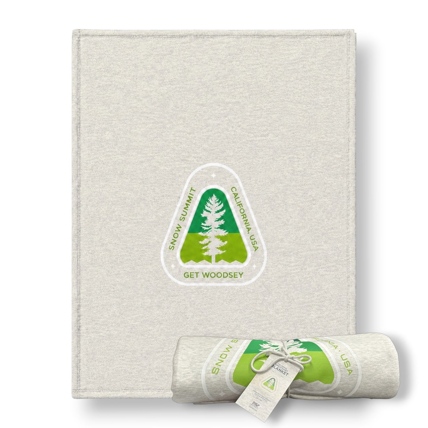 Snow Summit light grey sweatshirt blanket with a get woodsy green color tree logo.